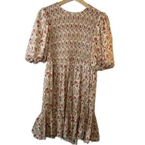 NWOT by TiMo Women's (S) Cream & Pink Floral Smocked Ruffle mini midi Dress $400